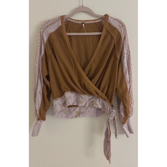 Free People Auxton Pink and Mustard Yellow Thermal Long Sleeve Wrap Top XS - Picture 3 of 11